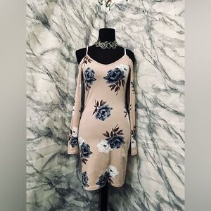 Floral Beige Dress with Blue and White Roses